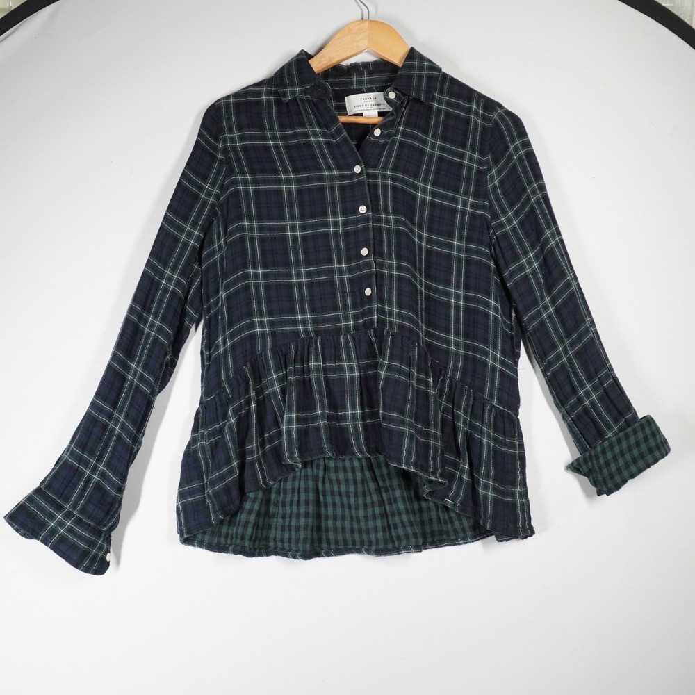 Trovata Birds of Paradis Top XS Navy Green Plaid Peplum Cotton Coastal Cozy Fall